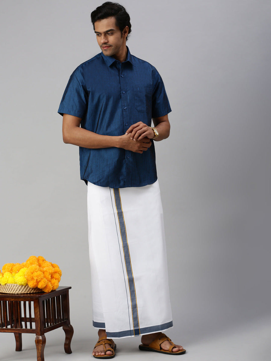 Mens Matching Jari Border Dhoti & Shirt Set Half Sleeve VB9