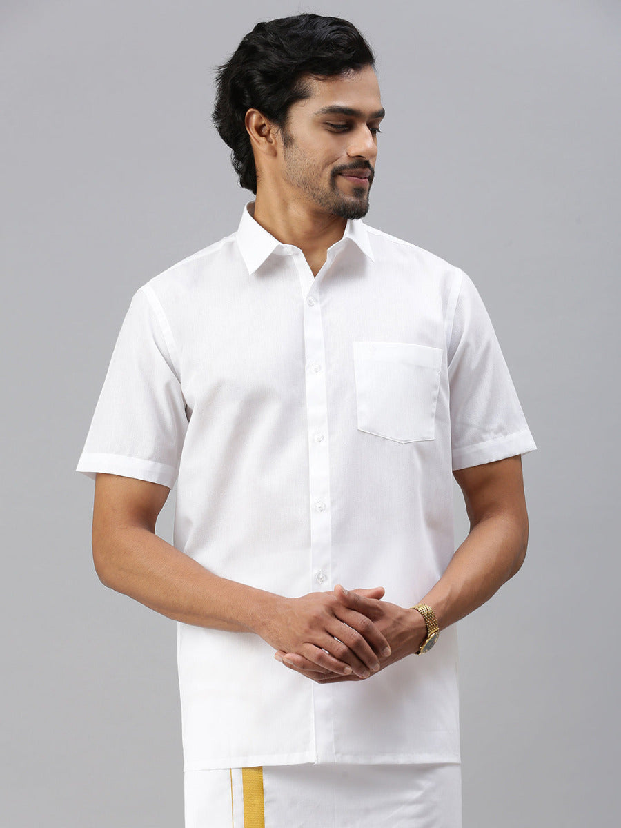 Mens Poly Cotton Half Sleeves Prestigious Fit White Shirt Minister-Front view