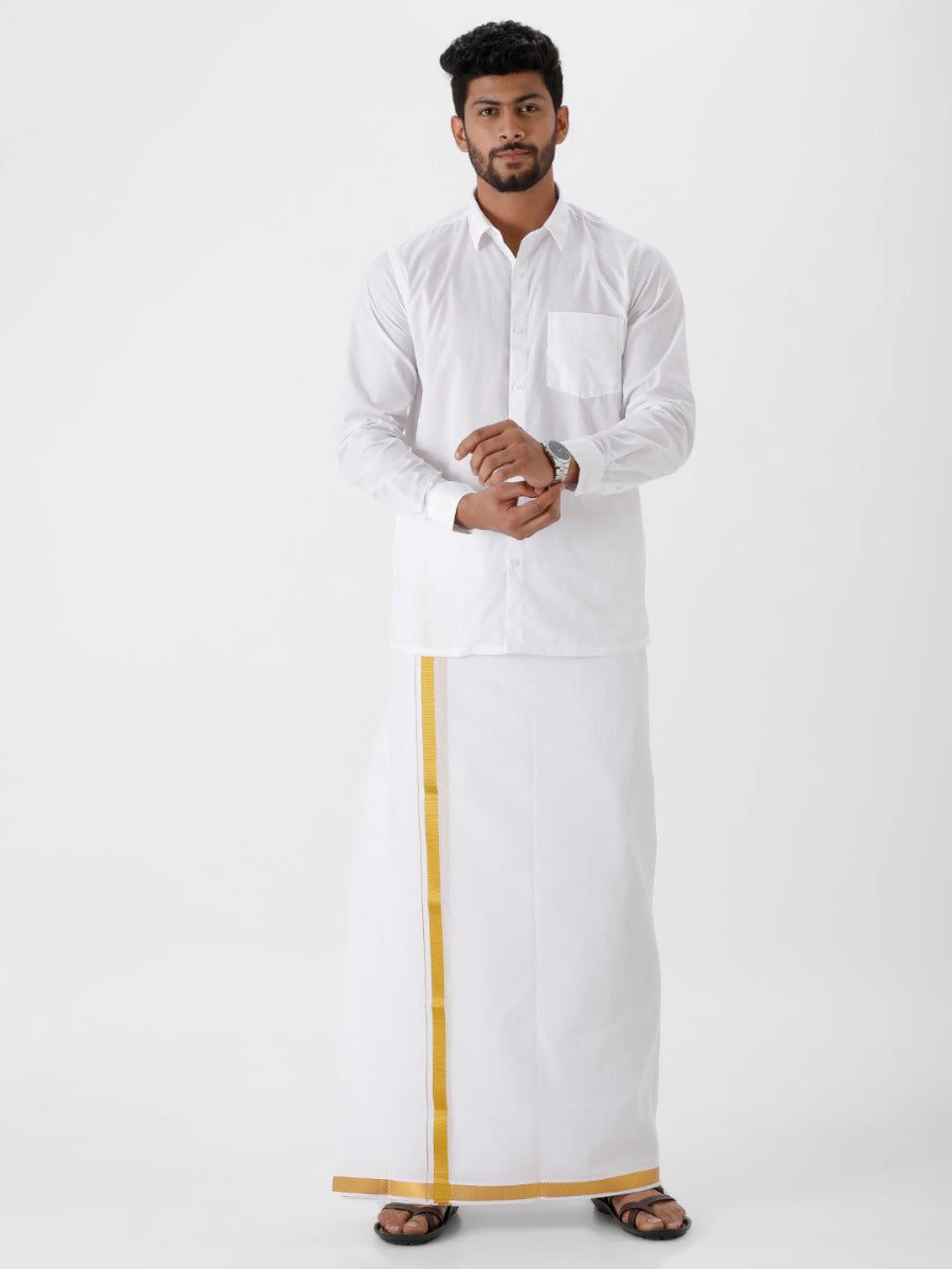 Mens Cotton White Full Sleeves Shirt with Jari 1" Dhoti Combo