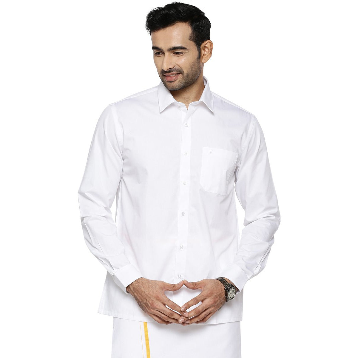 Mens 100% Cotton White Shirt Full Sleeves Classic Cotton -Front alternative view