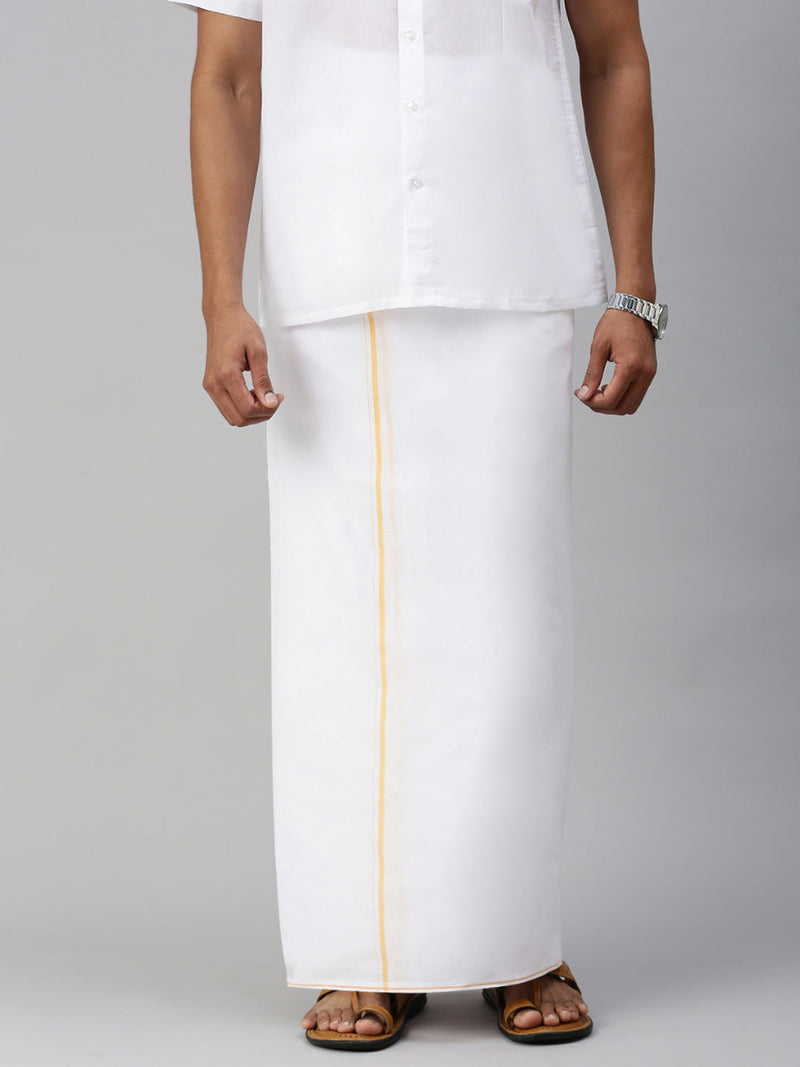 Mens Double Dhoti White with Small Border Treat Yellow