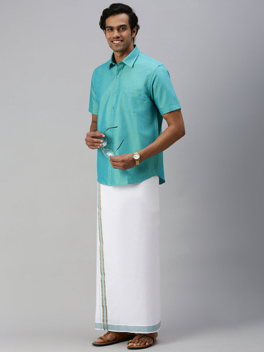Mens Matching Jari Border Dhoti & Shirt Set Half Sleeve Blue VB8-Full view