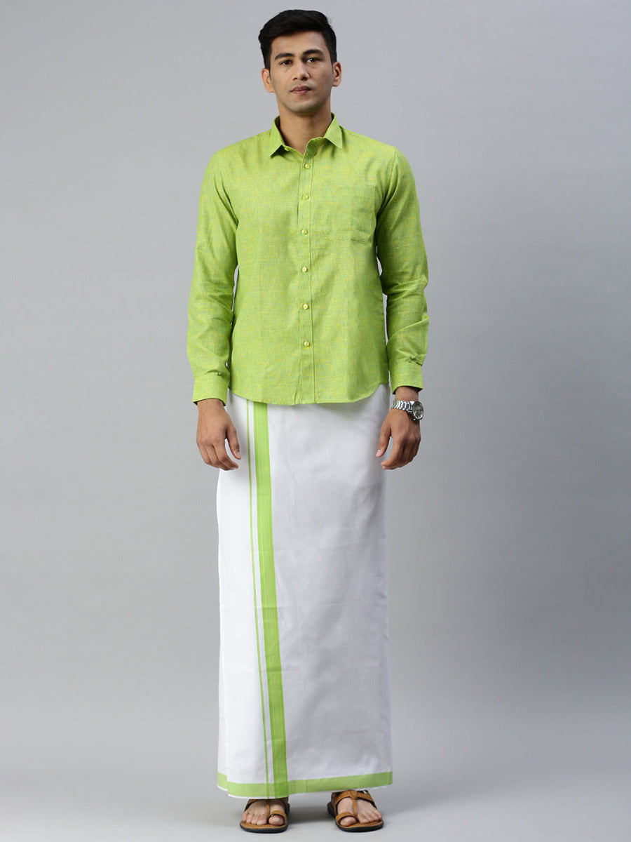 Mens Matching Border Adjustable Dhoti & Full Sleeves Shirt Set Green CC4