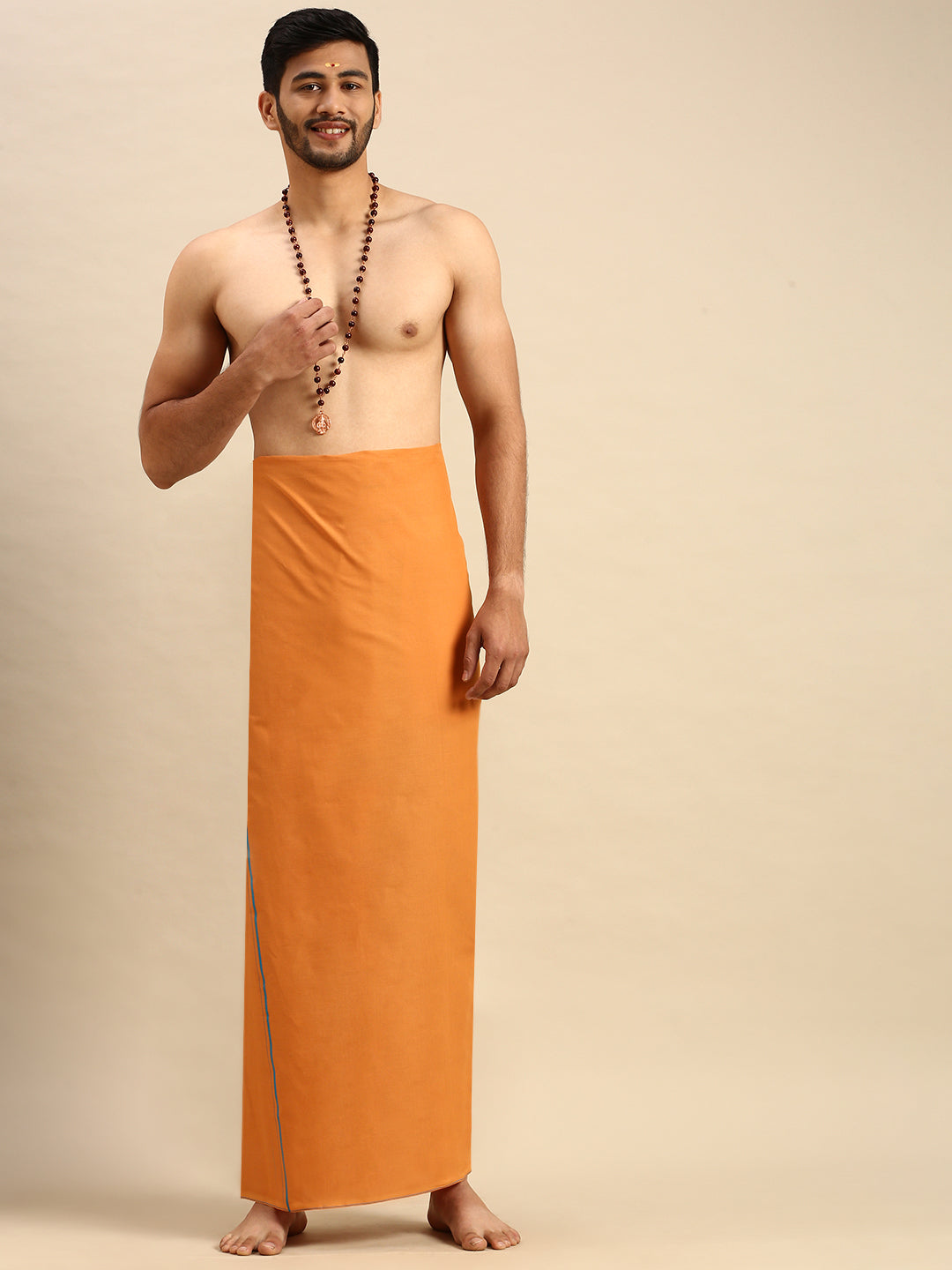 Mens Color Dhoti with Small Border Golden Kavi-Front view