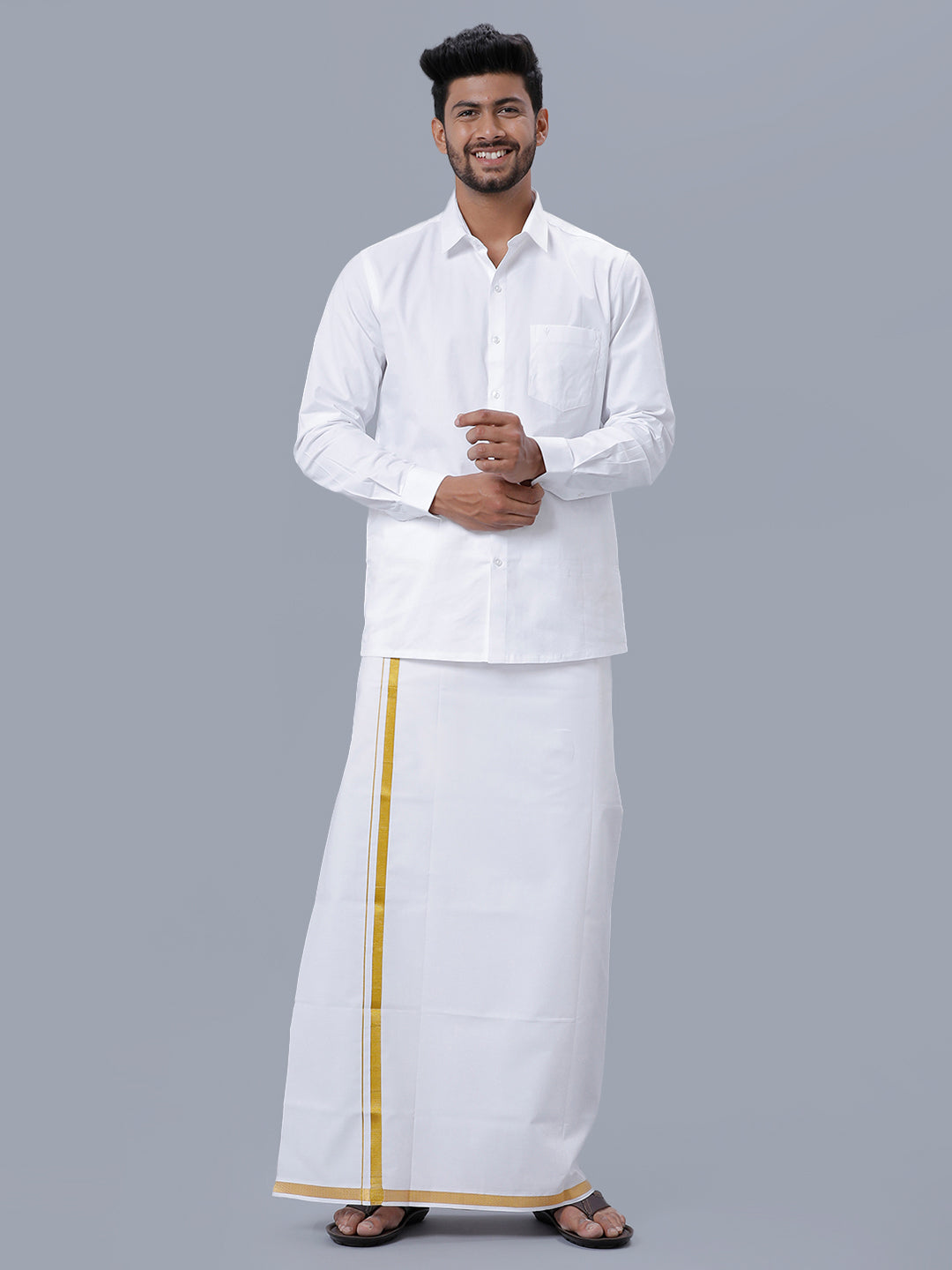 Mens Royal Cotton White Full Sleeves Shirt with 3/4'' Gold Jari Single Dhoti Combo