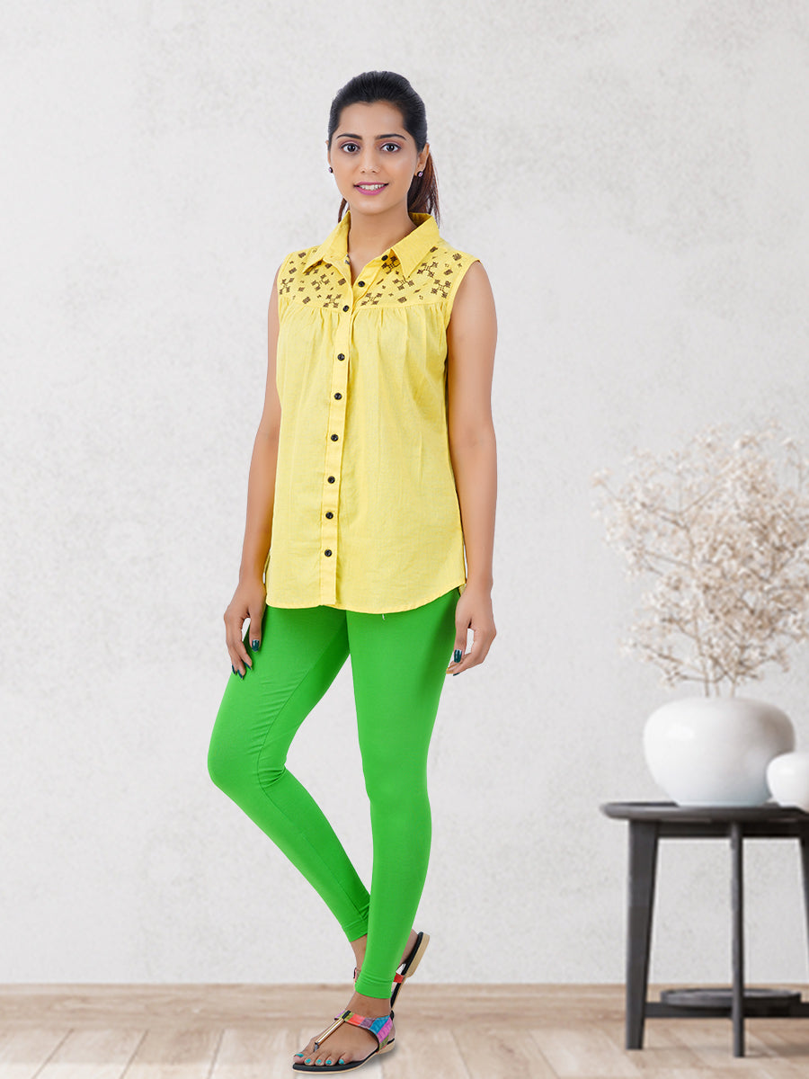 Ankle Fit Mixed Cotton with Spandex Stretchable Leggings Green -Front view