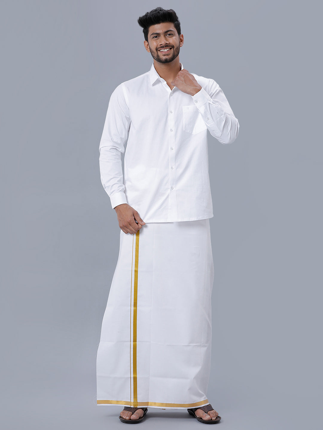 Mens Wrinkle Free White Full Sleeves Shirt with 3/4'' Gold Jari Single Dhoti Combo