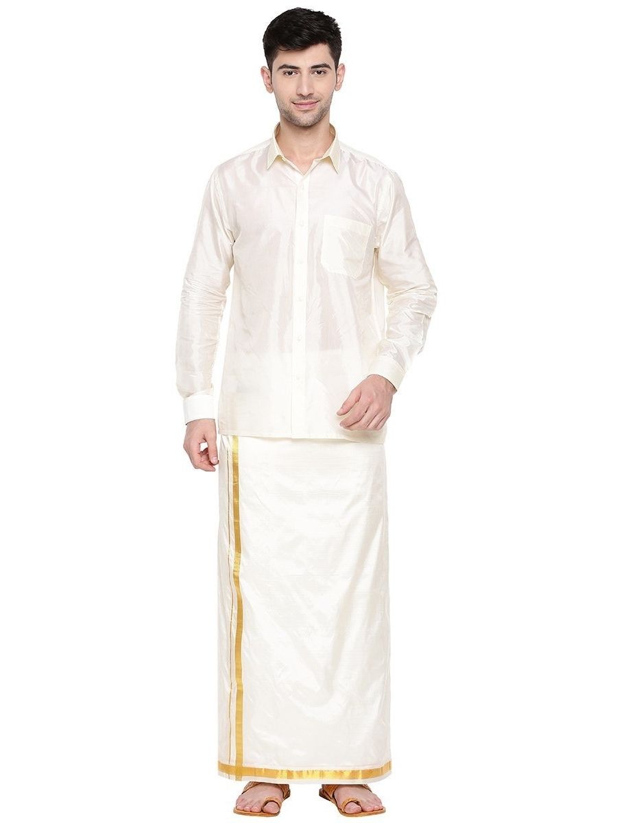 Mens Silk Double Dhoti 3/4" Gold Jari Border Suba Vivaga-Full view