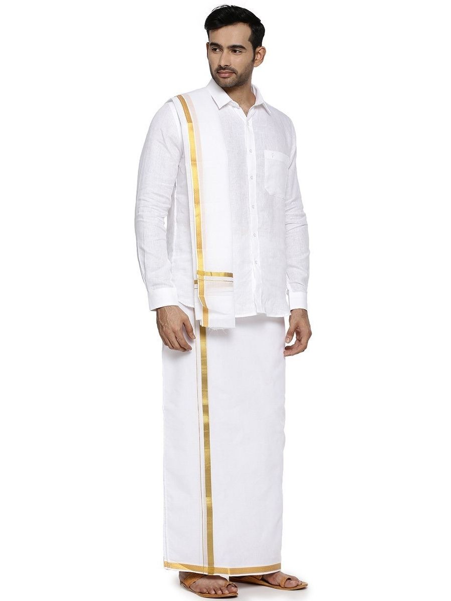 Mens Readymade Adjustable Dhoti + Towel Set White with Gold Jari-Side  view