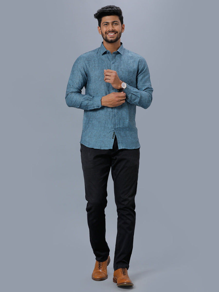 Mens Pure Linen Full Sleeves Shirt Blue L20-Full view