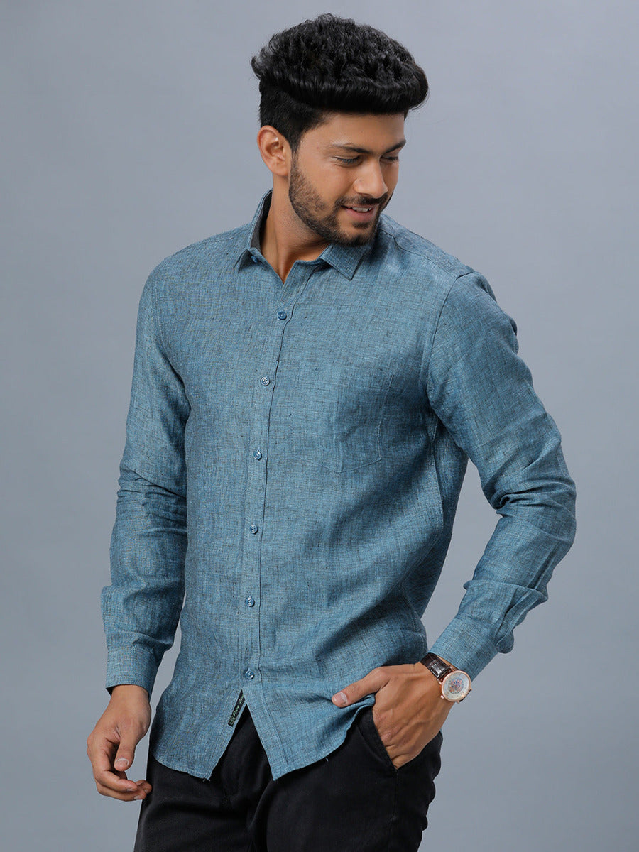 Mens Pure Linen Full Sleeves Shirt Blue L20-Side view
