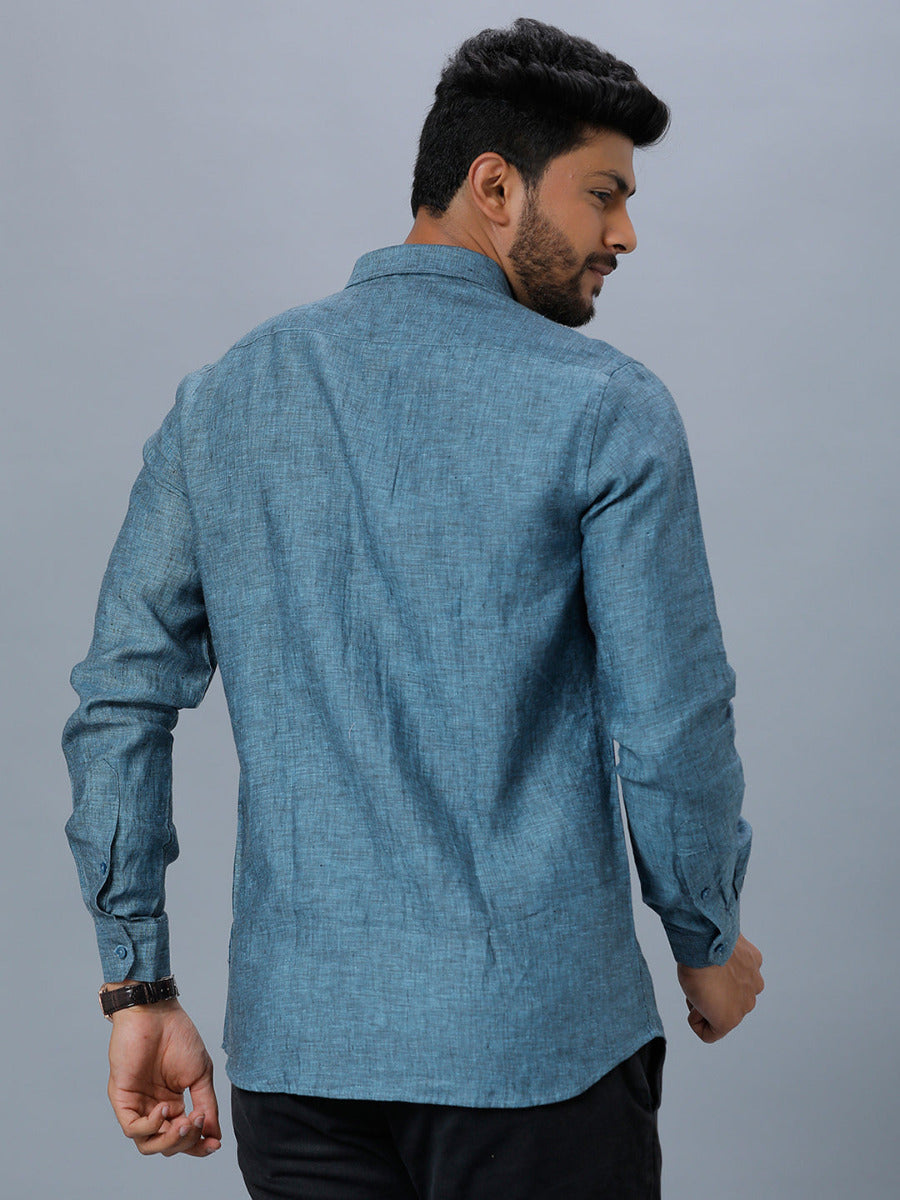 Mens Pure Linen Full Sleeves Shirt Blue L20-Back view