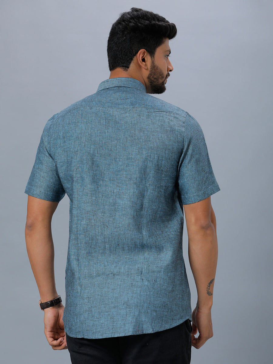 Mens Pure Linen Half Sleeves Shirt Blue L20-Back view