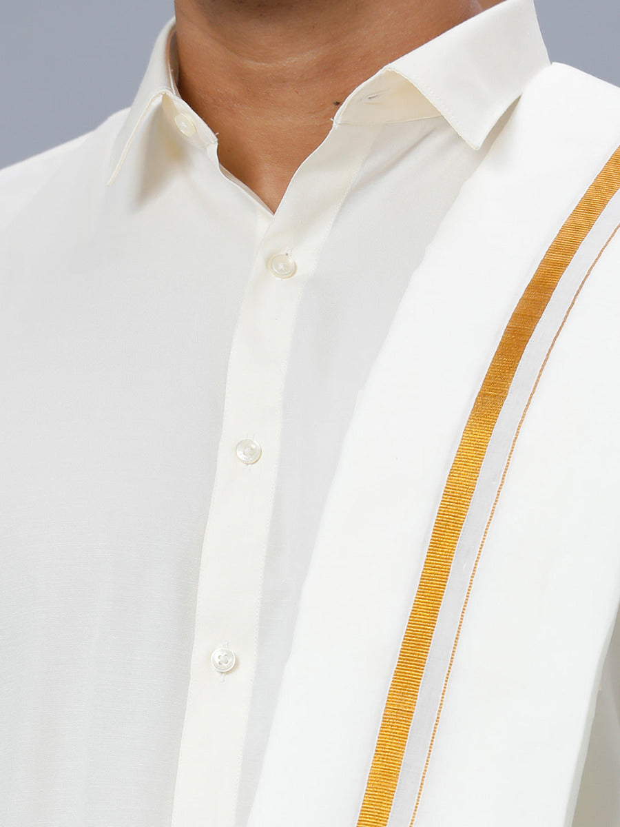 Mens Cream Full Sleeves Shirt 1/2" Gold Jari Double Dhoti+Towel Combo-Zoomview