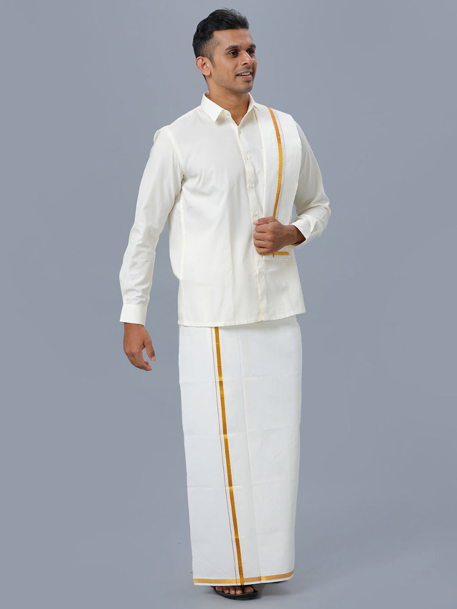 Mens Cream Full Sleeves Shirt 1/2" Gold Jari Double Dhoti+Towel Combo-Front view