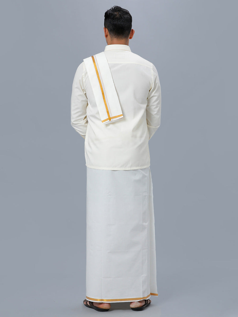 Mens Cream Full Sleeves Shirt 1/2" Gold Jari Double Dhoti+Towel+Belt Combo-Back view