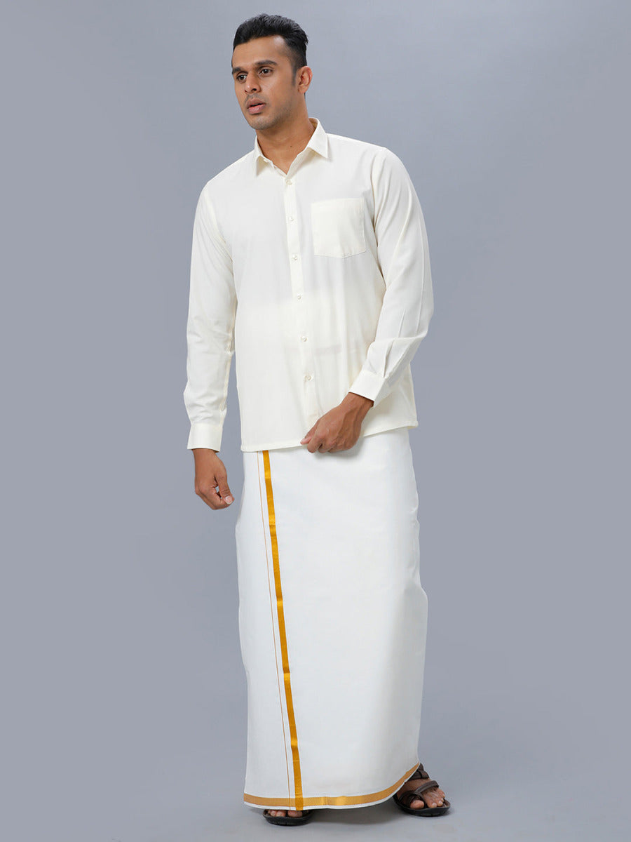 Mens Full Sleeves Cream Shirt with Gold Jari 3/4" Double Dhoti Combo-Front view