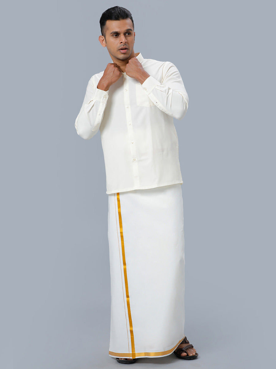 Mens Cotton Full Sleeves Cream Shirt with Gold Jari 3/4" Double Dhoti Combo-Front view