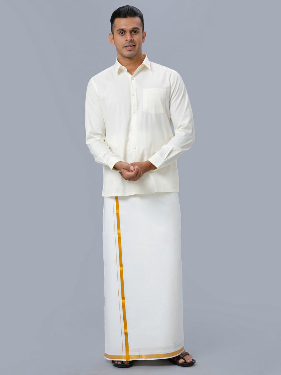 Mens Cotton Full Sleeves Cream Shirt with Gold Jari 1/2" Double Dhoti Combo-Front view