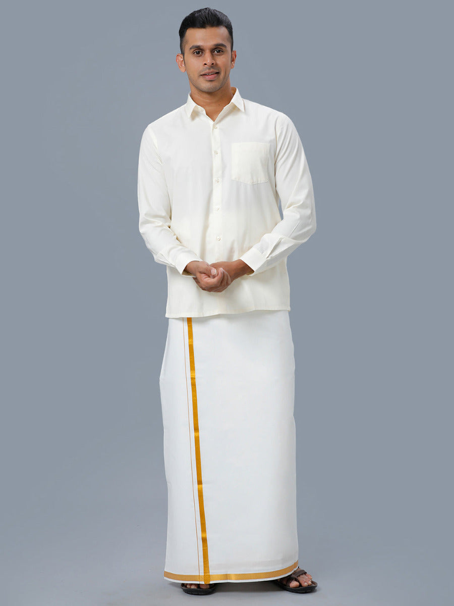 Mens Full Sleeves Cream Shirt with Gold Jari 3/4" Double Dhoti Combo