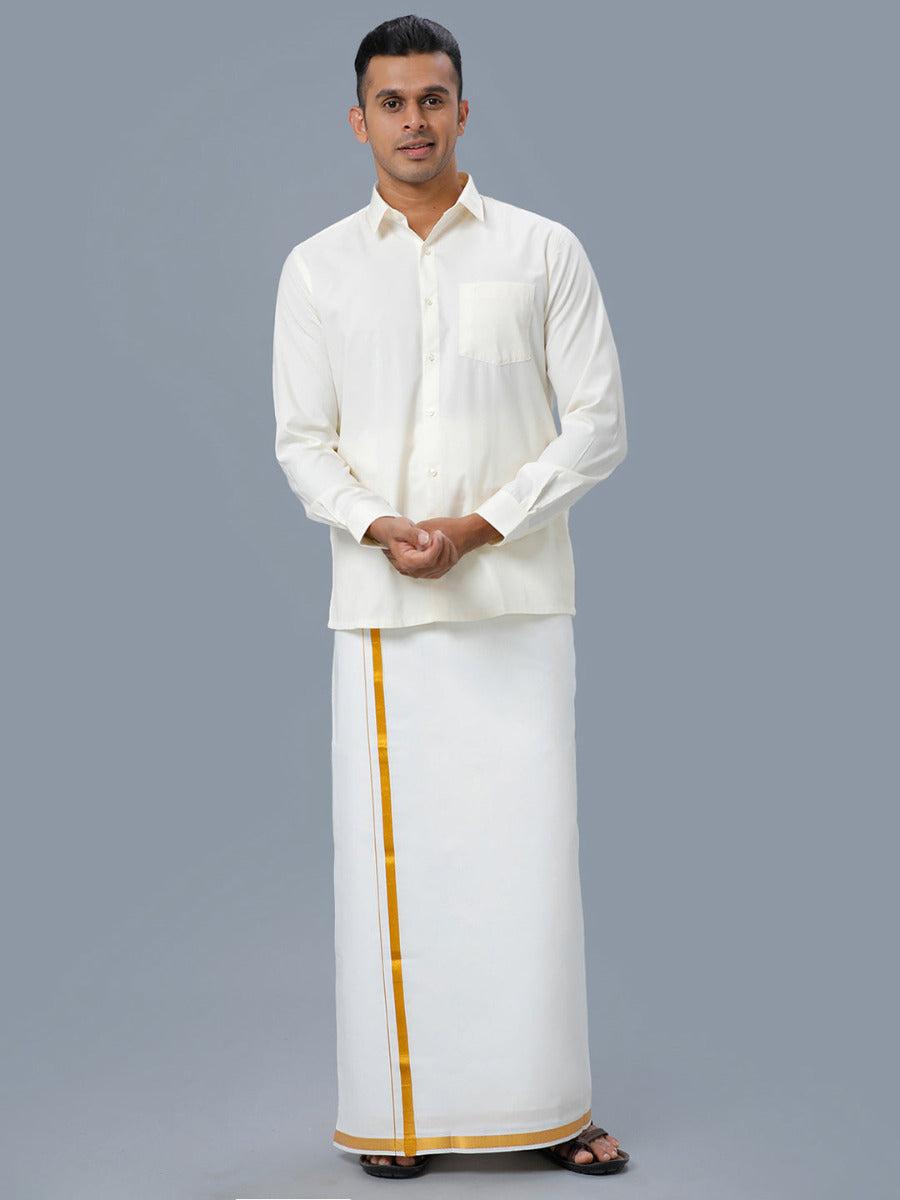 Mens Cotton Gold Jari 1/2" Double Dhoti with Full Sleeves Cream Shirt Combo