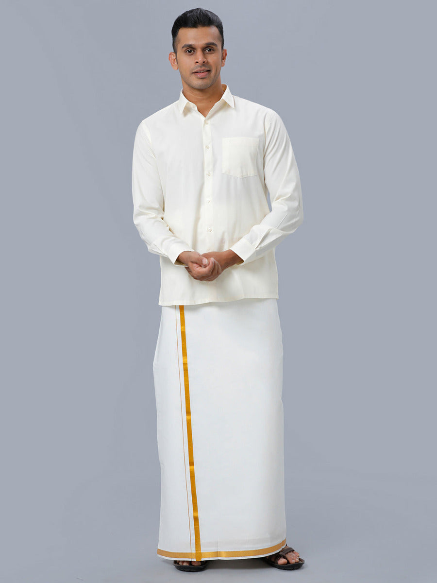 Mens Gold Jari 1/2" Double Dhoti with Full Sleeves Cream Shirt Combo