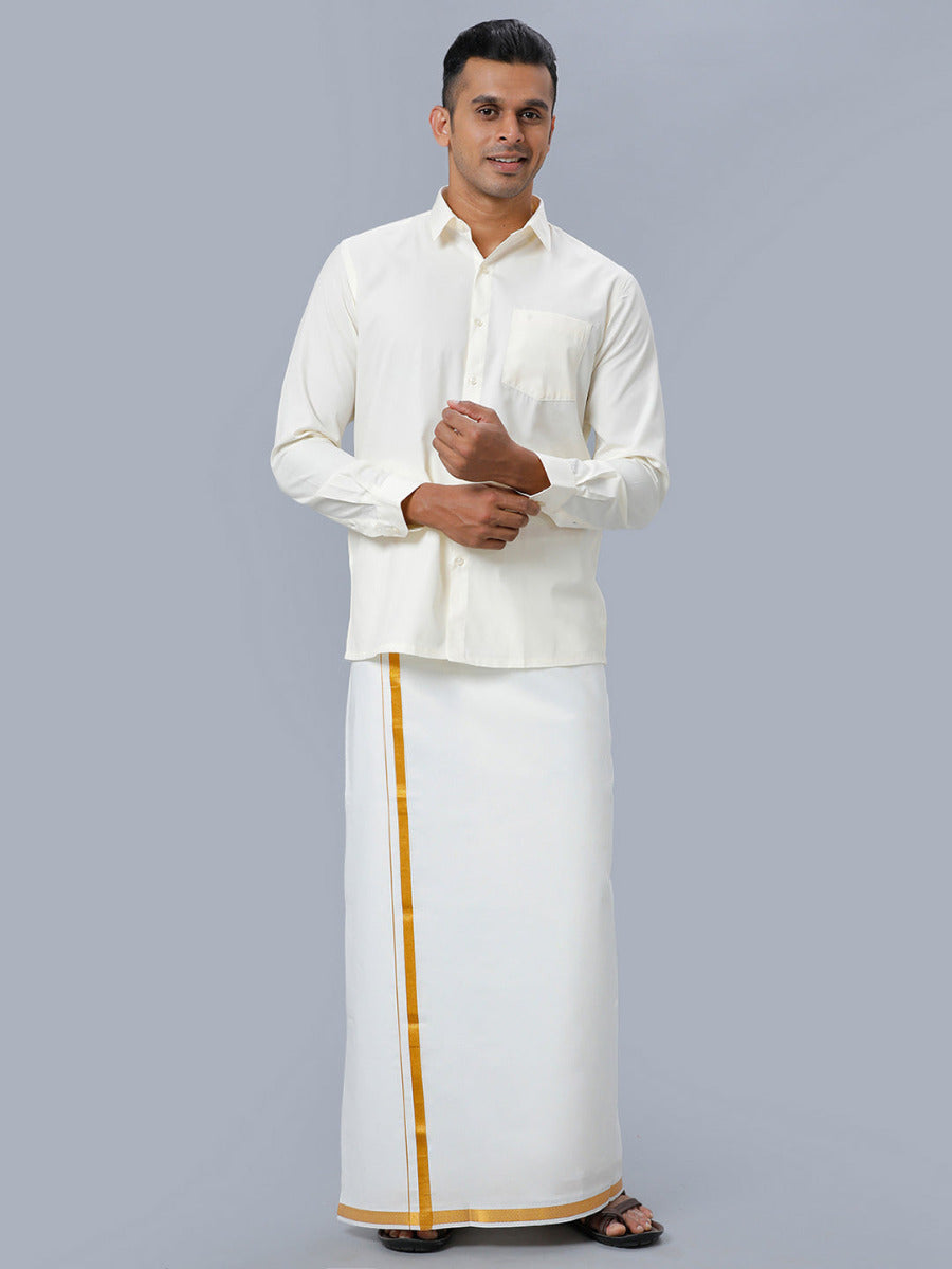 Mens Gold Jari 3/4" Double Dhoti with Full Sleeves Cream Shirt Combo-Front view