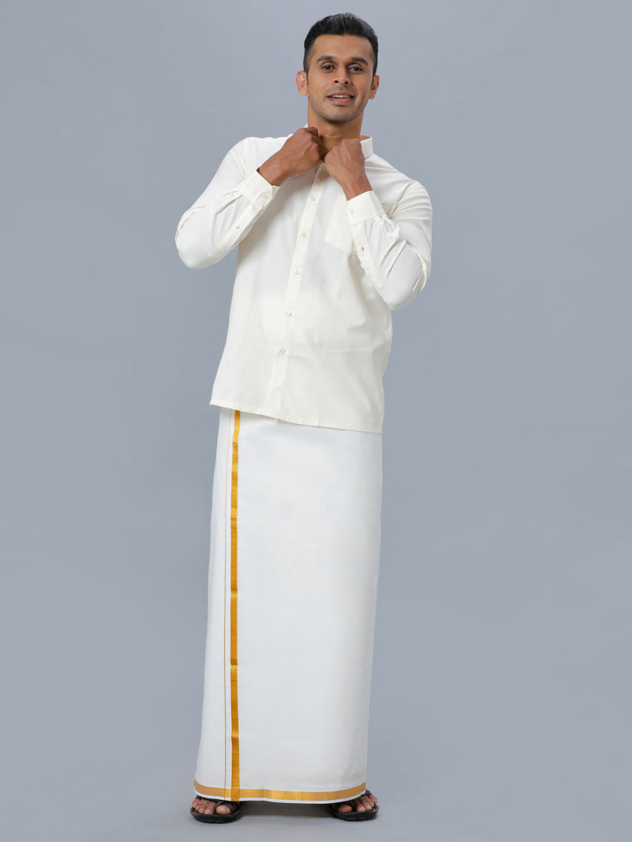 Mens Cotton Full Sleeves Cream Shirt with Gold Jari 1/2" Double Dhoti Combo