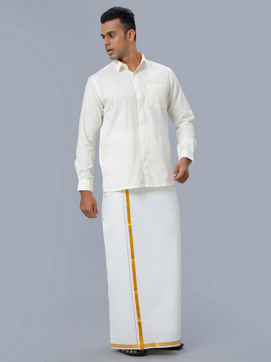 Mens Cotton Gold Jari 3/4" Double Dhoti with Full Sleeves Cream Shirt Combo
