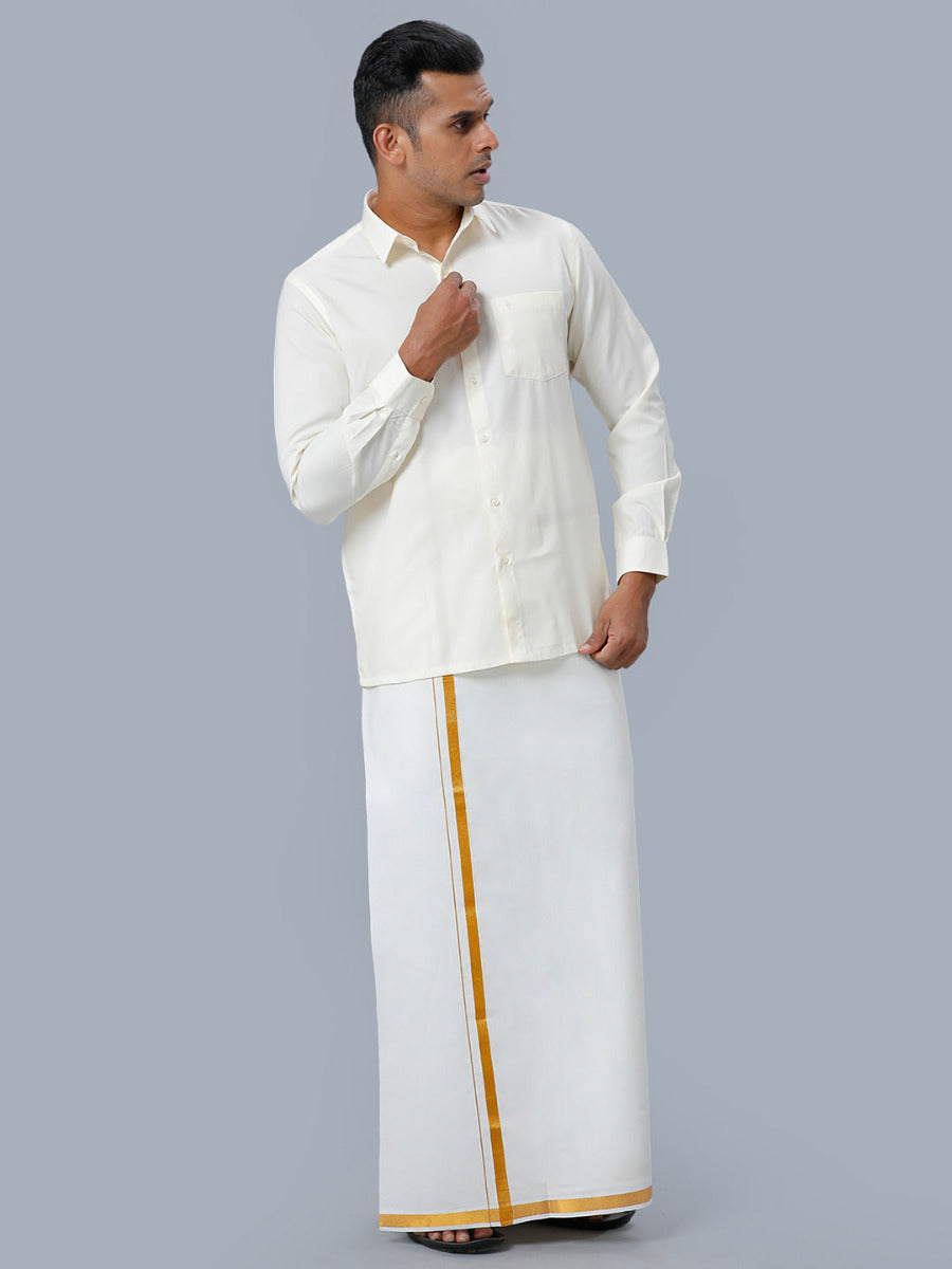 Mens Cotton Full Sleeves Cream Shirt with Gold Jari 1/2" Single Dhoti Combo-Front view