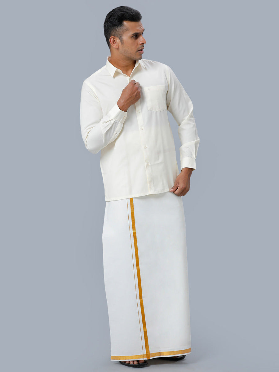 Mens Full Sleeves Cream Shirt with Gold Jari 1/2" Double Dhoti Combo-Front view
