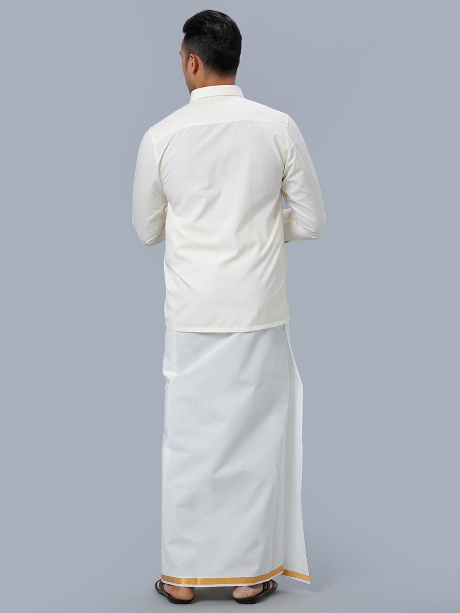 Mens Full Sleeves Cream Shirt with Gold Jari 1/2" Double Dhoti Combo-Back view