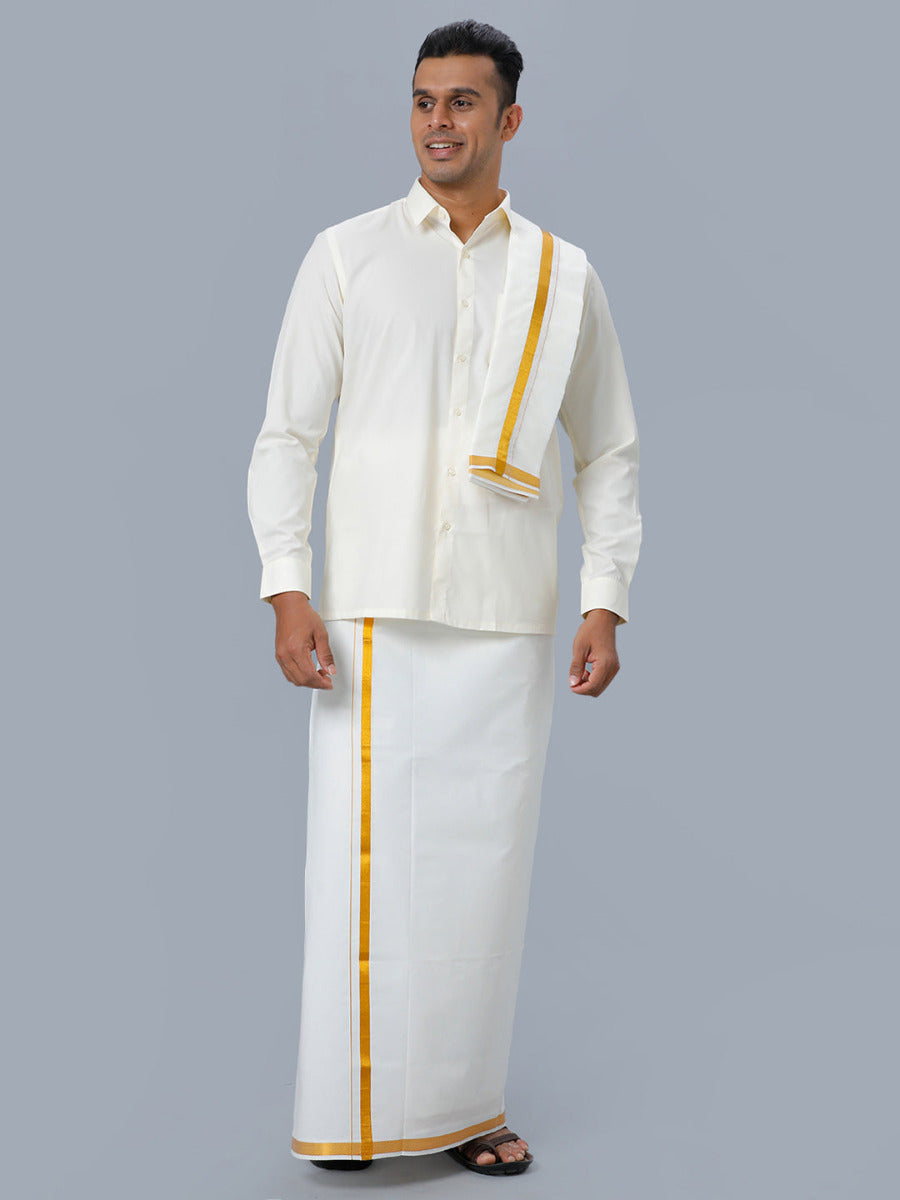 Mens Cream Full Sleeves Shirt 3/4" Gold Jari Double Dhoti+Towel Combo