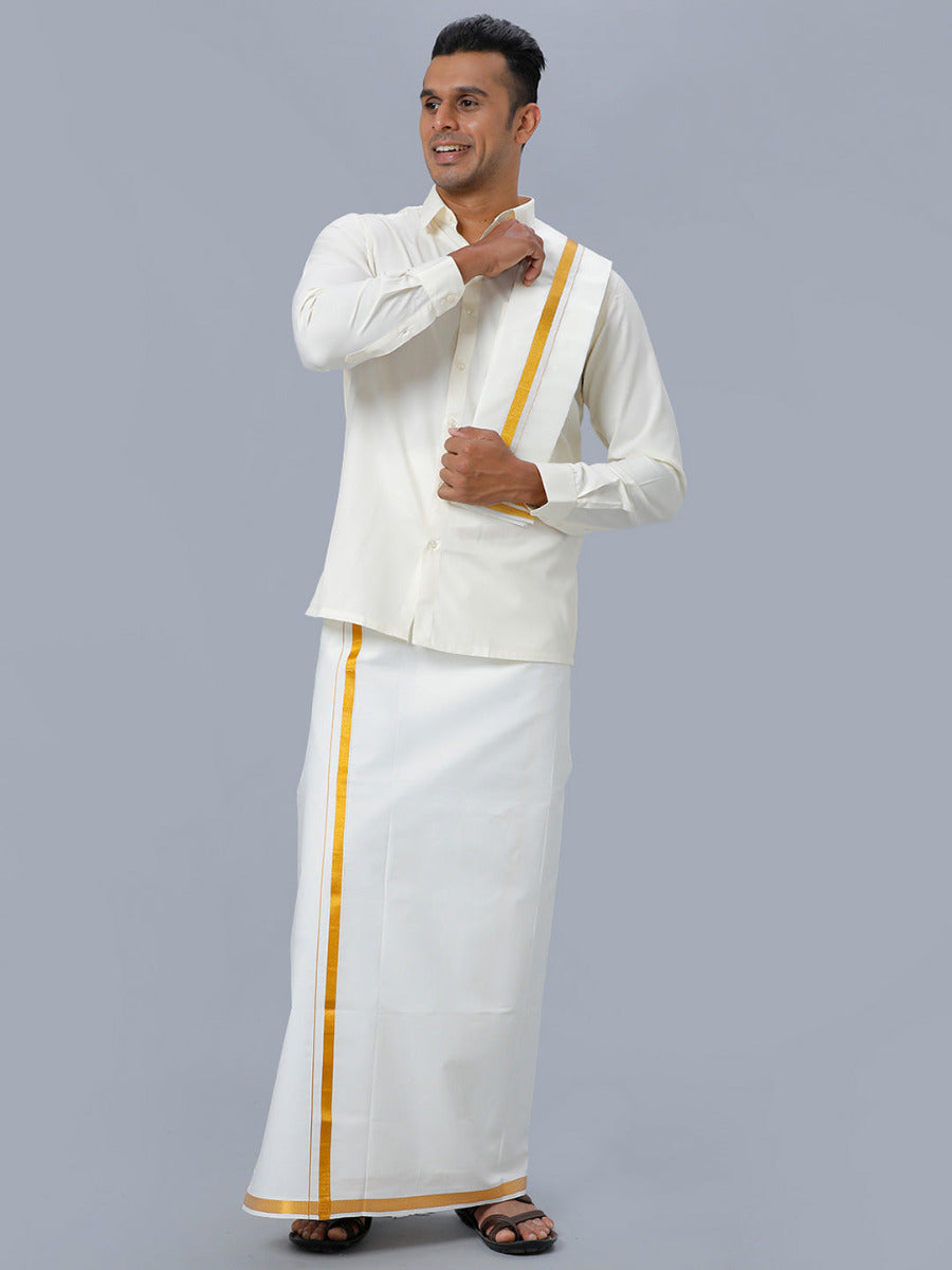 Mens Full Sleeves Cream Shirt with Gold Jari 3/4" Double Dhoti,Towel Combo