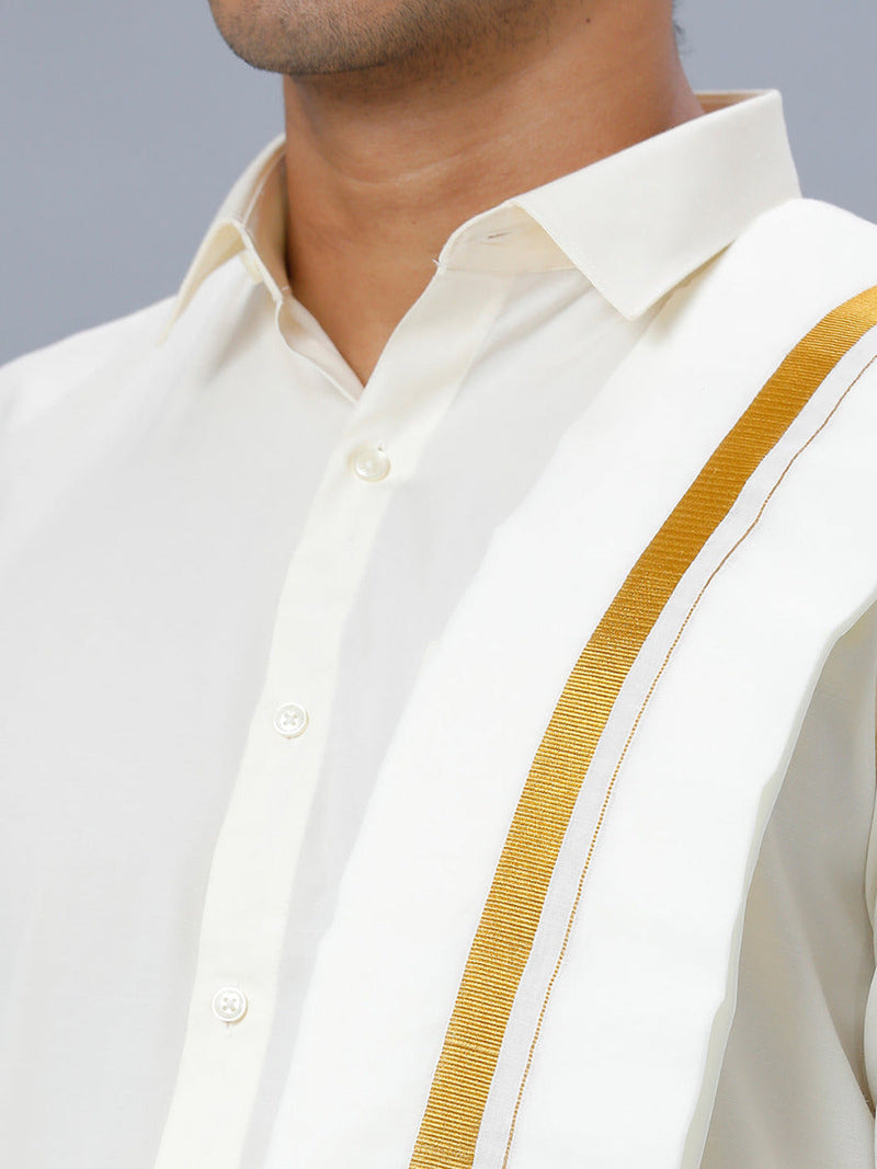 Mens Cream Full Sleeves Shirt 3/4" Gold Jari Double Dhoti+Towel+Belt Combo