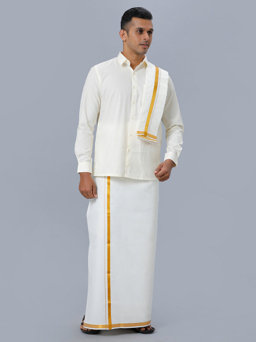 Mens Full Sleeves Cream Shirt with Gold Jari 3/4" Double Dhoti,Towel Combo-Front view