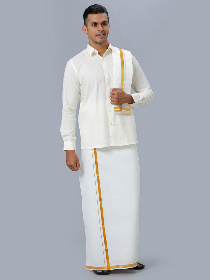 Mens Cream Full Sleeves Shirt 3/4" Gold Jari Double Dhoti+Towel+Belt Combo