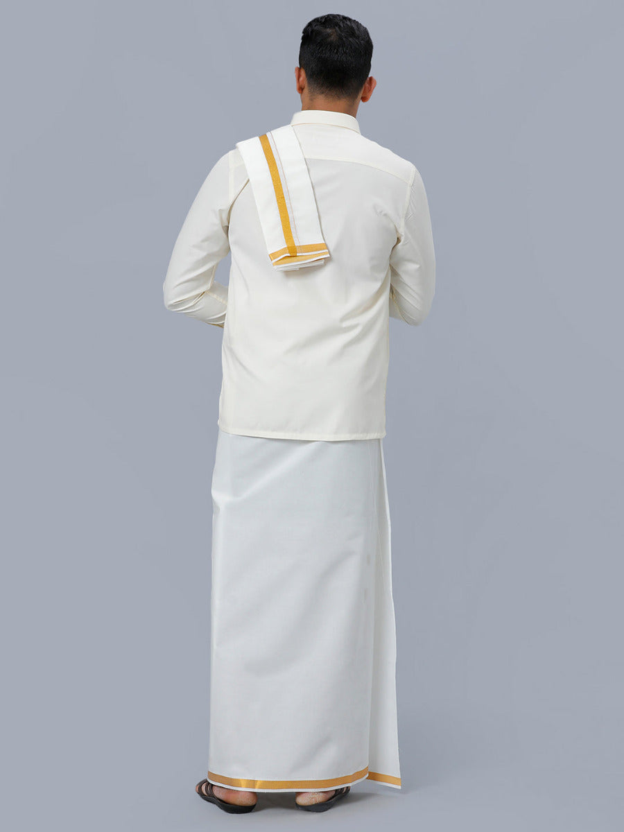 Mens Full Sleeves Cream Shirt with Gold Jari 3/4" Double Dhoti,Towel Combo-Back view