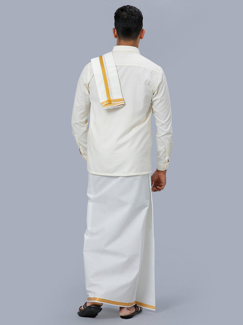Mens Cream Full Sleeves Shirt 3/4" Gold Jari Double Dhoti+Towel+Belt Combo