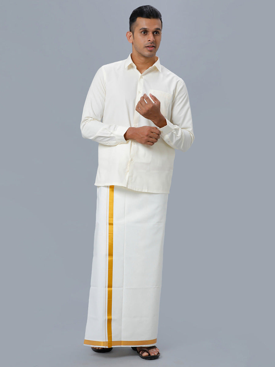 Mens Cream Cotton Full Sleeves Shirt with Gold Jari 1" Double Dhoti Combo