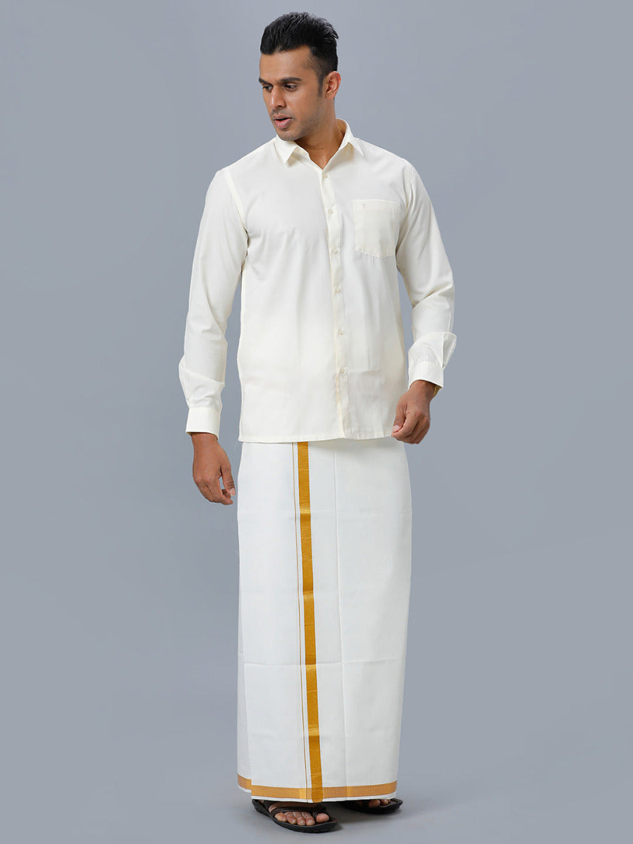 Mens Cream Cotton Full Sleeves Shirt with Gold Jari 1" Double Dhoti Combo-Front view