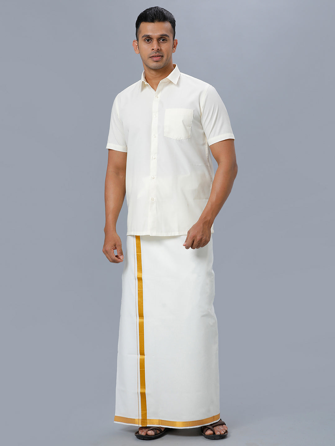 Mens Cotton Cream Shirt Half Sleeves Manavalan-Full view