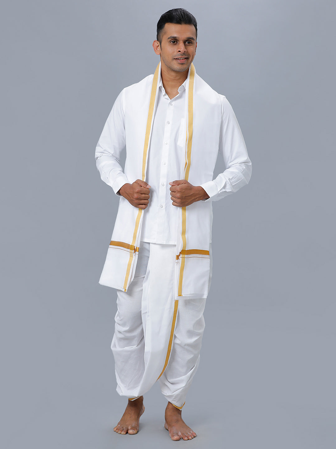 Mens White Shirt with Readymade Panchakacham Angavastram Set 3/4" Prakaspathi
