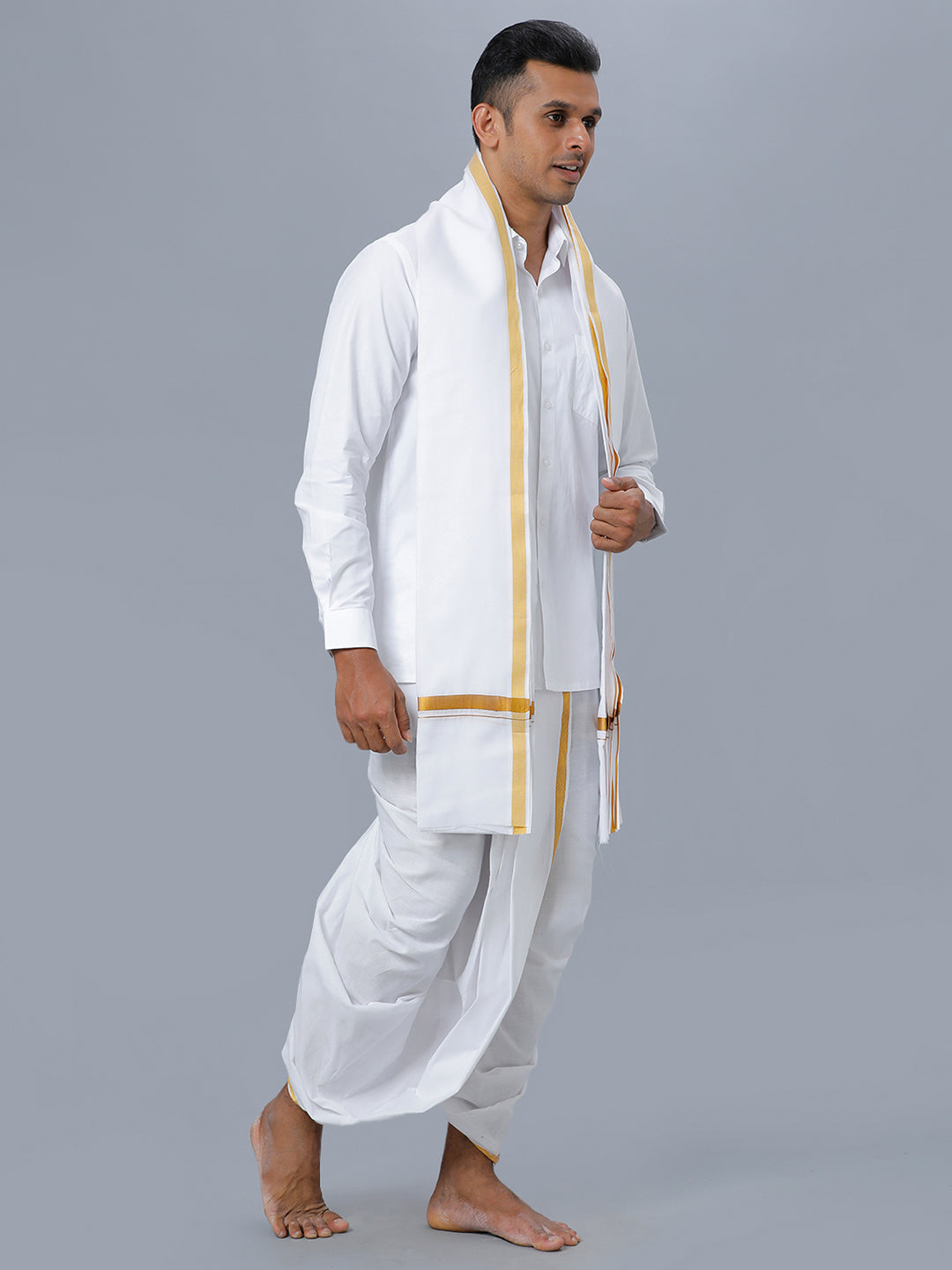 Mens White Shirt with Readymade Panchakacham Angavastram Set 3/4" Prakaspathi-Side view