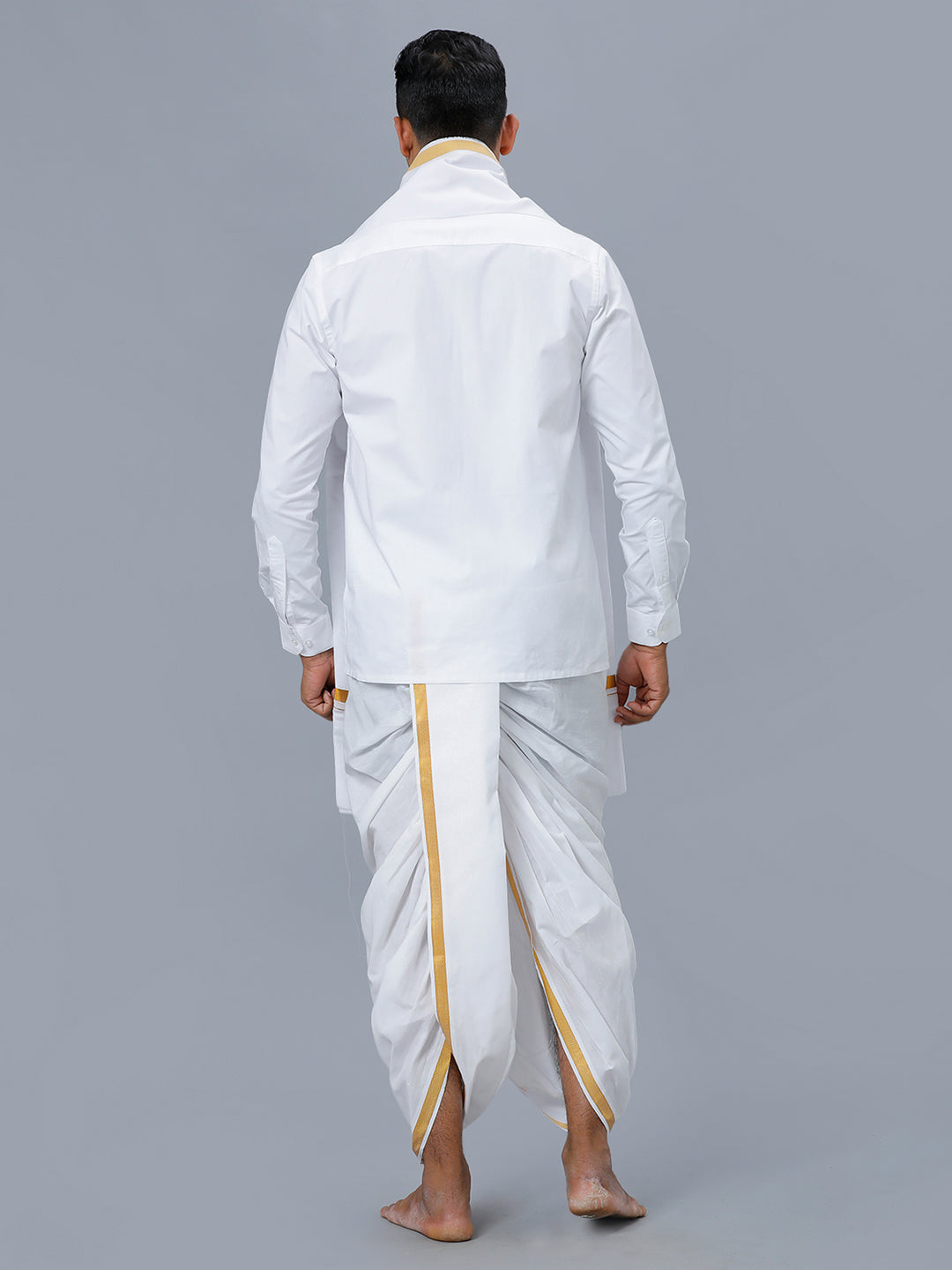 Mens White Shirt with Readymade Panchakacham Angavastram Set 3/4" Prakaspathi-Back view