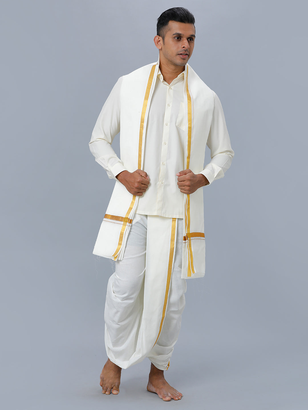Mens Cream Shirt with Readymade Panchakacham Angavastram Set 3/4" Prakaspathi