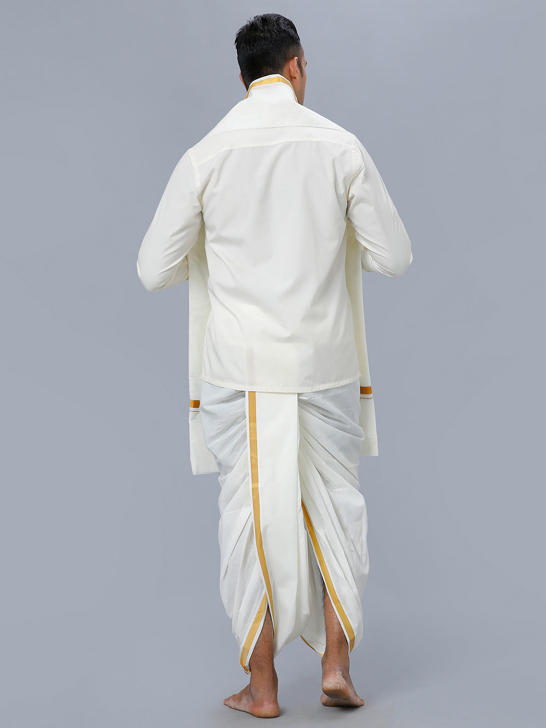 Mens Cream Shirt with Readymade Panchakacham Angavastram Set 3/4" Prakaspathi-Back view