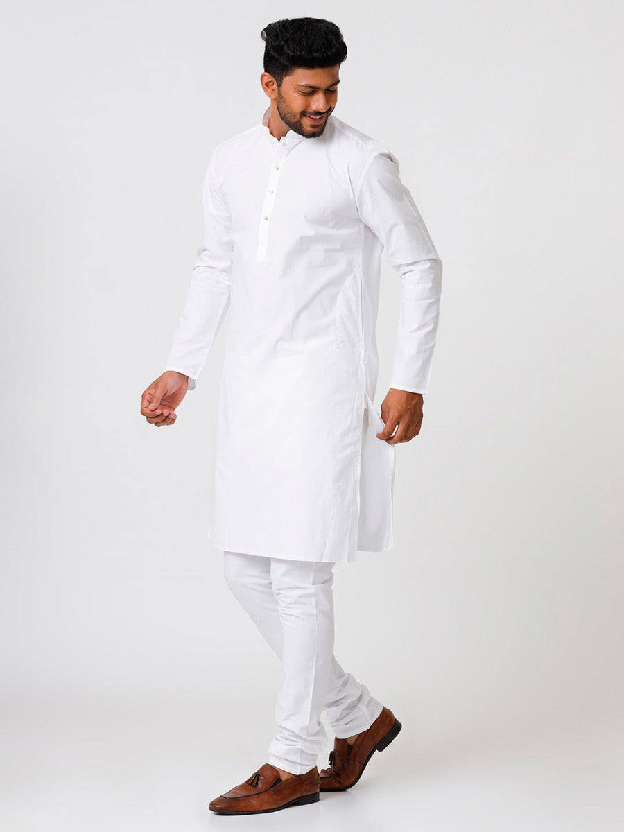 Mens Premium Cotton Long Full Sleeves Kurta and Pyjama Set White-Side view