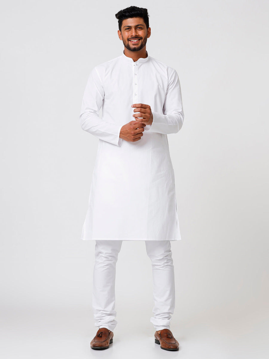 Mens Premium Cotton Long Full Sleeves Kurta and Pyjama Set White-Front view