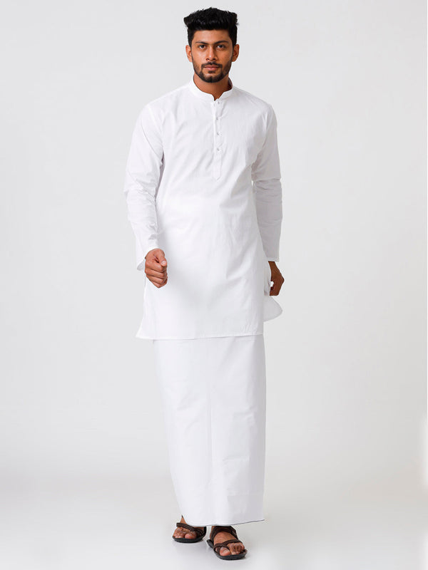Mens Cotton Full Sleeve White Medium Kurta with Prayer Dhoti 2.50m Combo